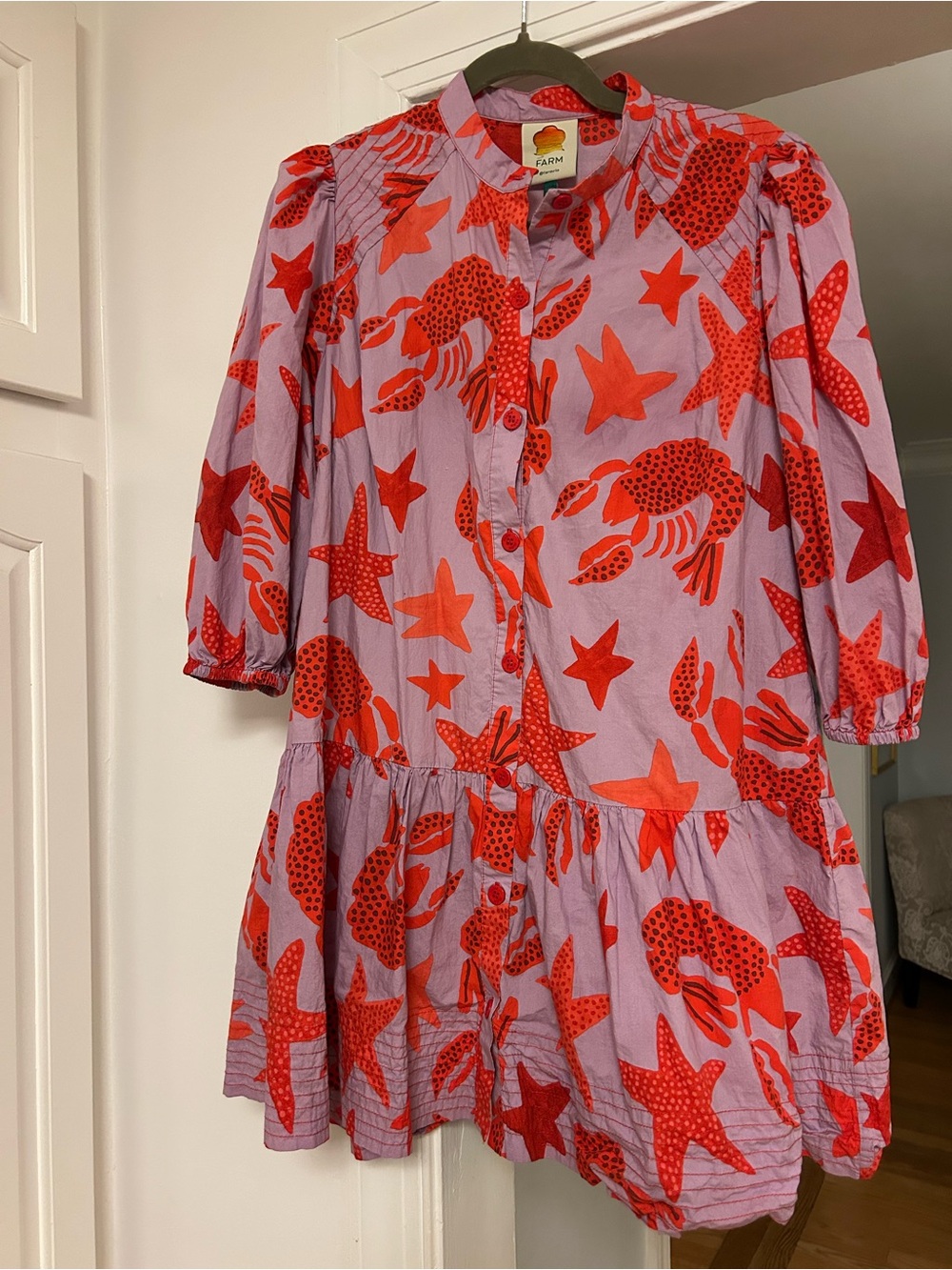 Farm Rio Lilac Dress with Red Starfish & Crab Print